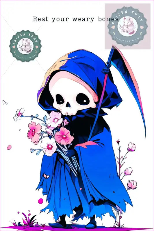 Grim reaper character in blue robe holding flowers with text 'Rest your weary bones.'