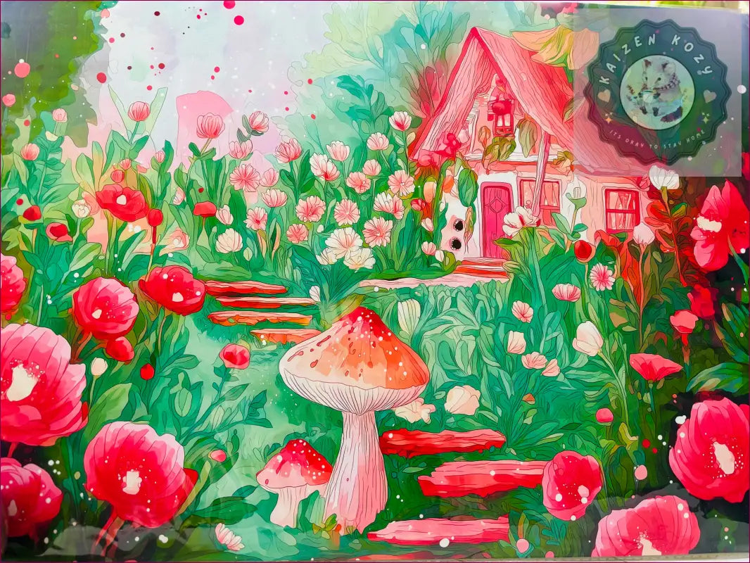 Colorful illustration of a fairy house in a garden with flowers and mushrooms.